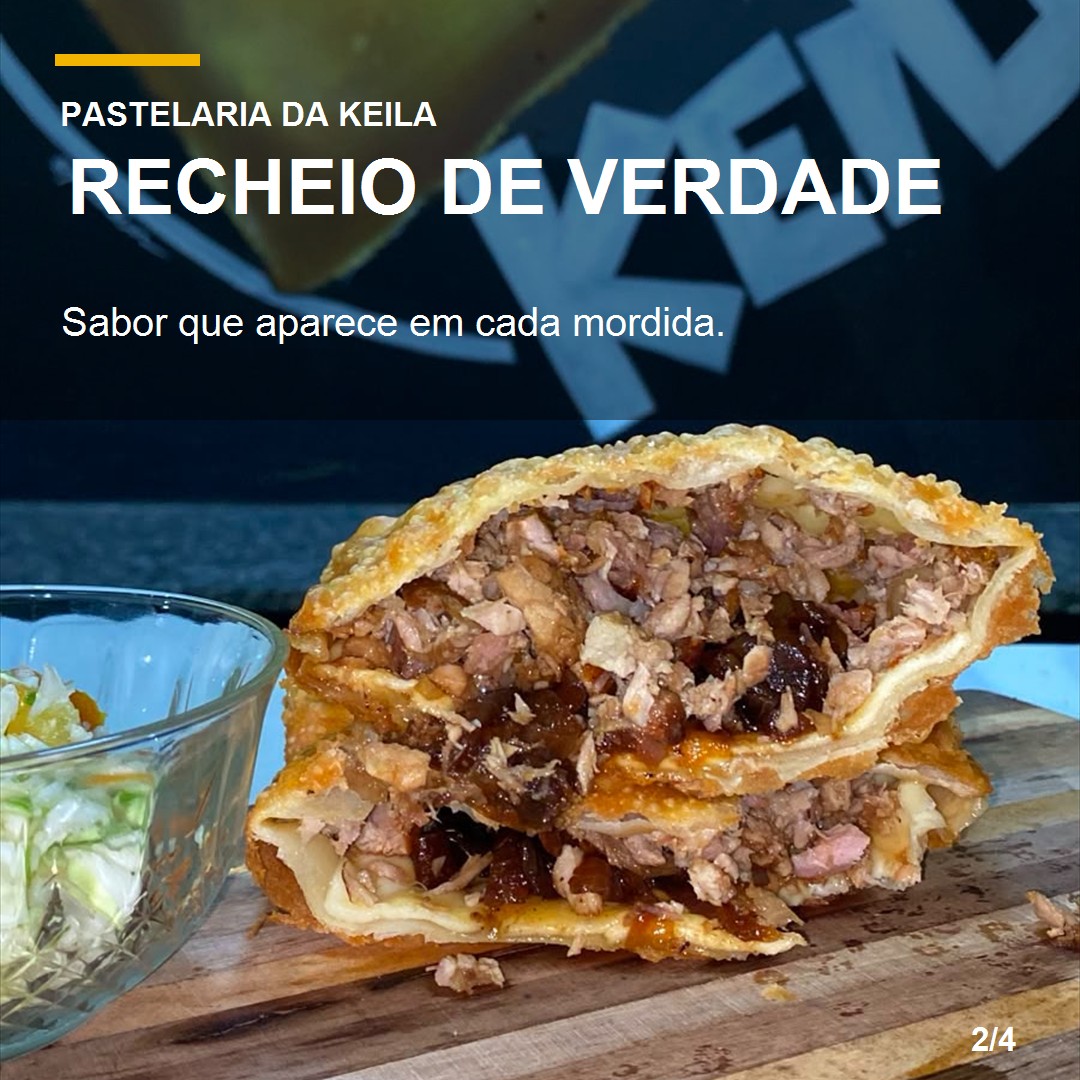 Pastel da Pastelaria da Keila cortado ao meio, mostrando o recheio generoso de carne